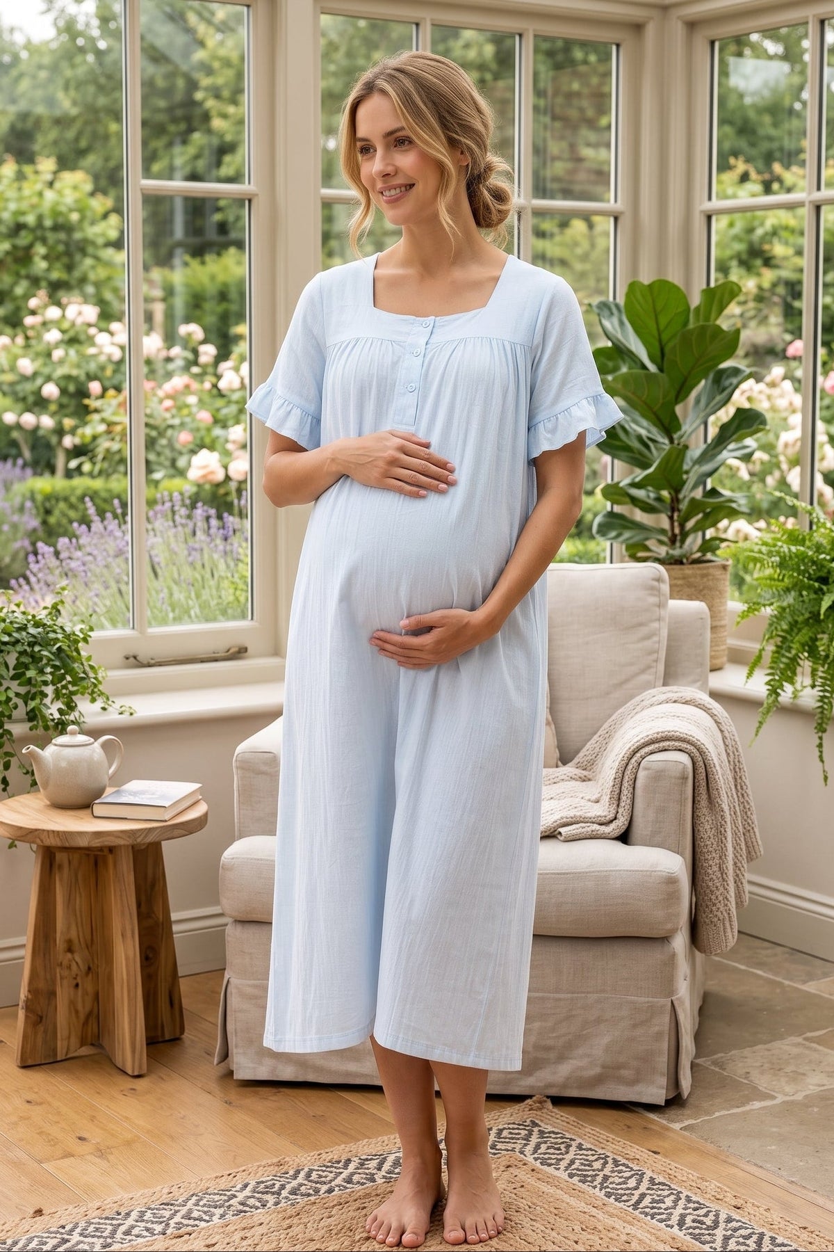 Ruffle-Sleeve Muslin Maternity Feeding-Friendly Nightgown Blue - T3083