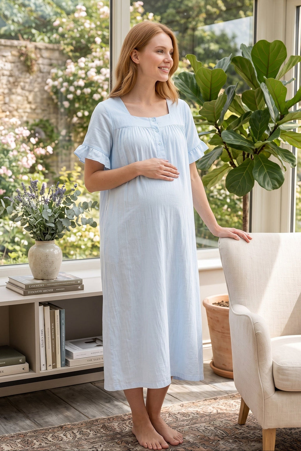 Ruffle-Sleeve Muslin Maternity Feeding-Friendly Nightgown Blue - T3083
