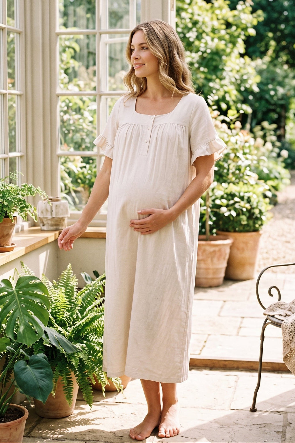 Ruffle-Sleeve Muslin Maternity Feeding-Friendly Nightgown Light Beige - T3083
