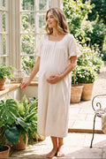 Ruffle-Sleeve Muslin Maternity Feeding-Friendly Nightgown Light Beige - T3083