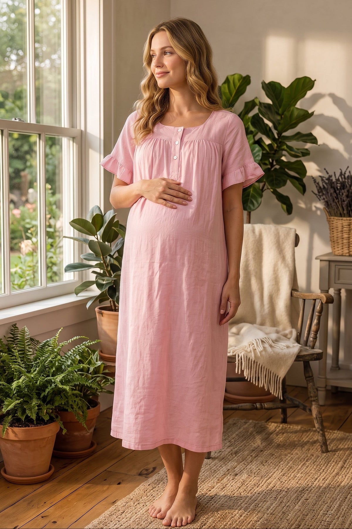 Ruffle-Sleeve Muslin Maternity Feeding-Friendly Nightgown Pink - T3083