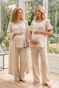 Ruffle-Sleeve Muslin 3-Piece Maternity Feeding-Friendly Pajama & Robe Set Beige - T3084