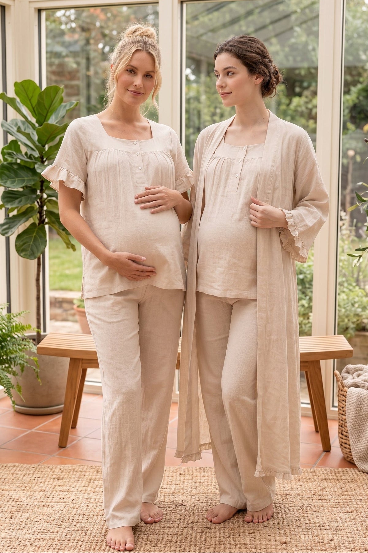 Ruffle-Sleeve Muslin 3-Piece Maternity Feeding-Friendly Pajama & Robe Set Beige - T3084