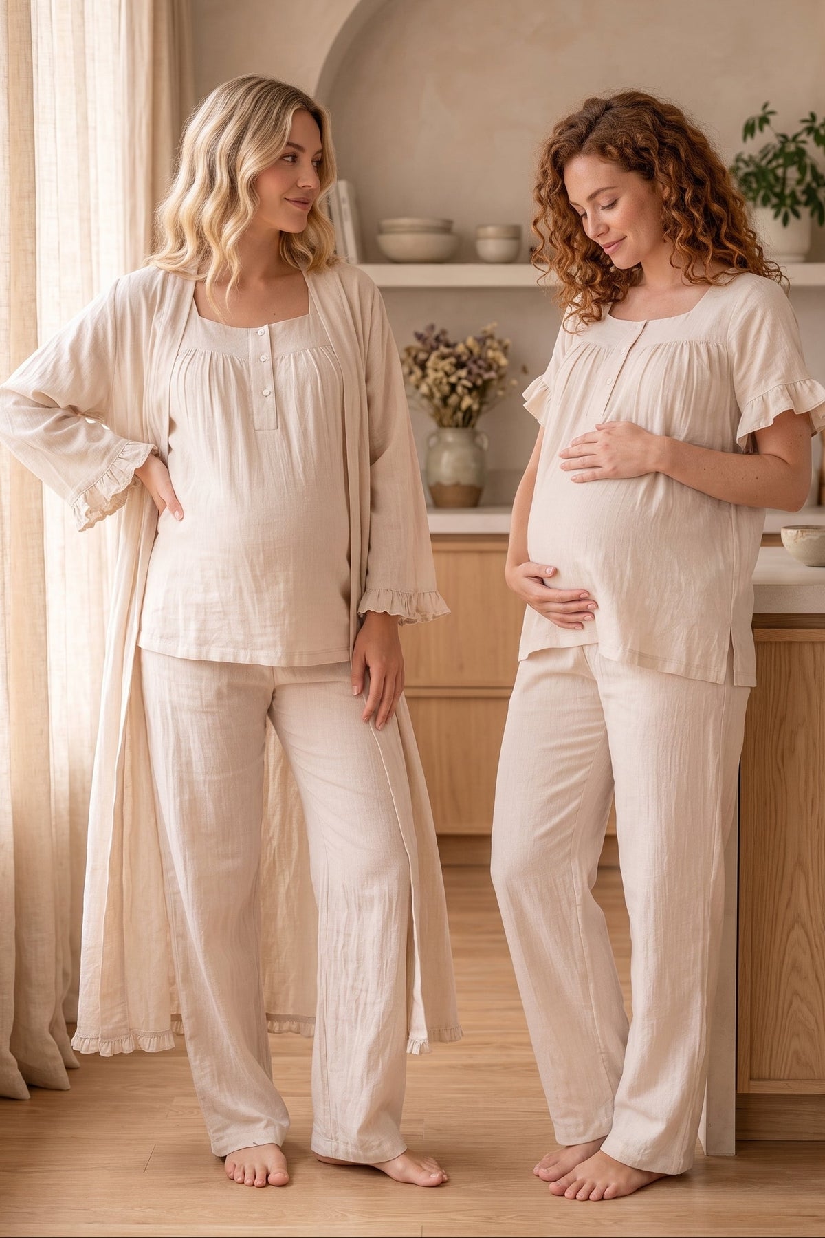 Ruffle-Sleeve Muslin 3-Piece Maternity Feeding-Friendly Pajama & Robe Set Beige - T3084
