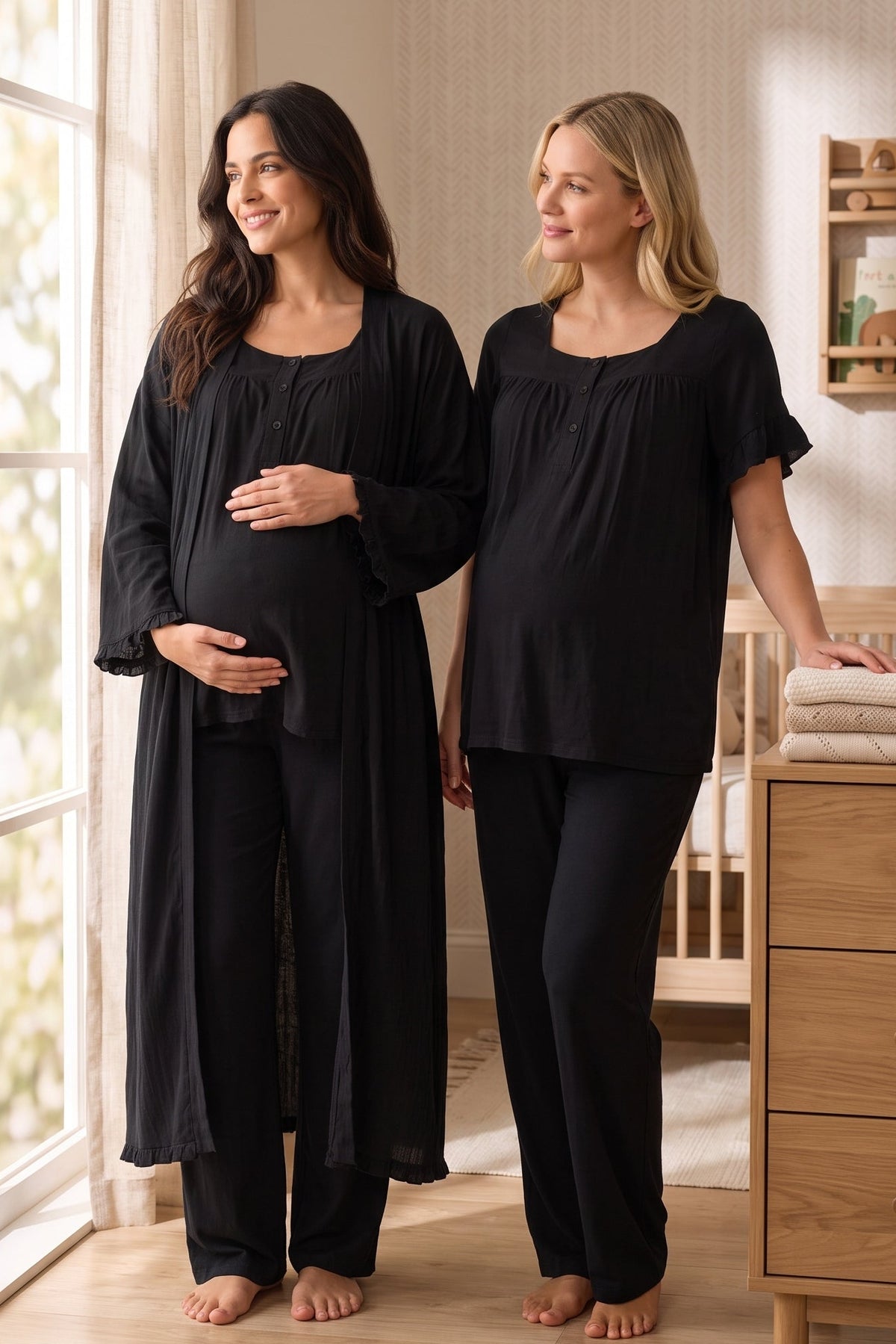 Ruffle-Sleeve Muslin 3-Piece Maternity Feeding-Friendly Pajama & Robe Set Black - T3084
