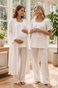 Ruffle-Sleeve Muslin 3-Piece Maternity Feeding-Friendly Pajama & Robe Set Ecru - T3084