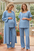 Ruffle-Sleeve Muslin 3-Piece Maternity Feeding-Friendly Pajama & Robe Set Indigo - T3084