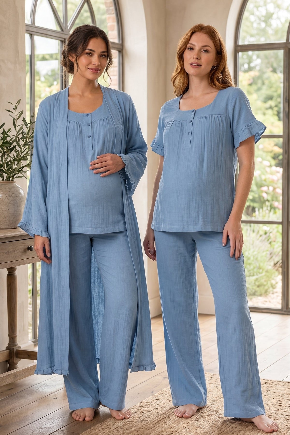 Ruffle-Sleeve Muslin 3-Piece Maternity Feeding-Friendly Pajama & Robe Set Indigo - T3084