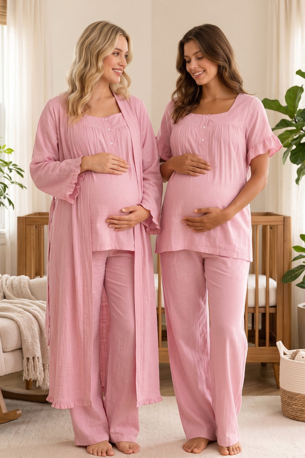 Ruffle-Sleeve Muslin 3-Piece Maternity Feeding-Friendly Pajama & Robe Set Pink - T3084