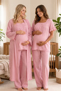Ruffle-Sleeve Muslin 3-Piece Maternity Feeding-Friendly Pajama & Robe Set Pink - T3084