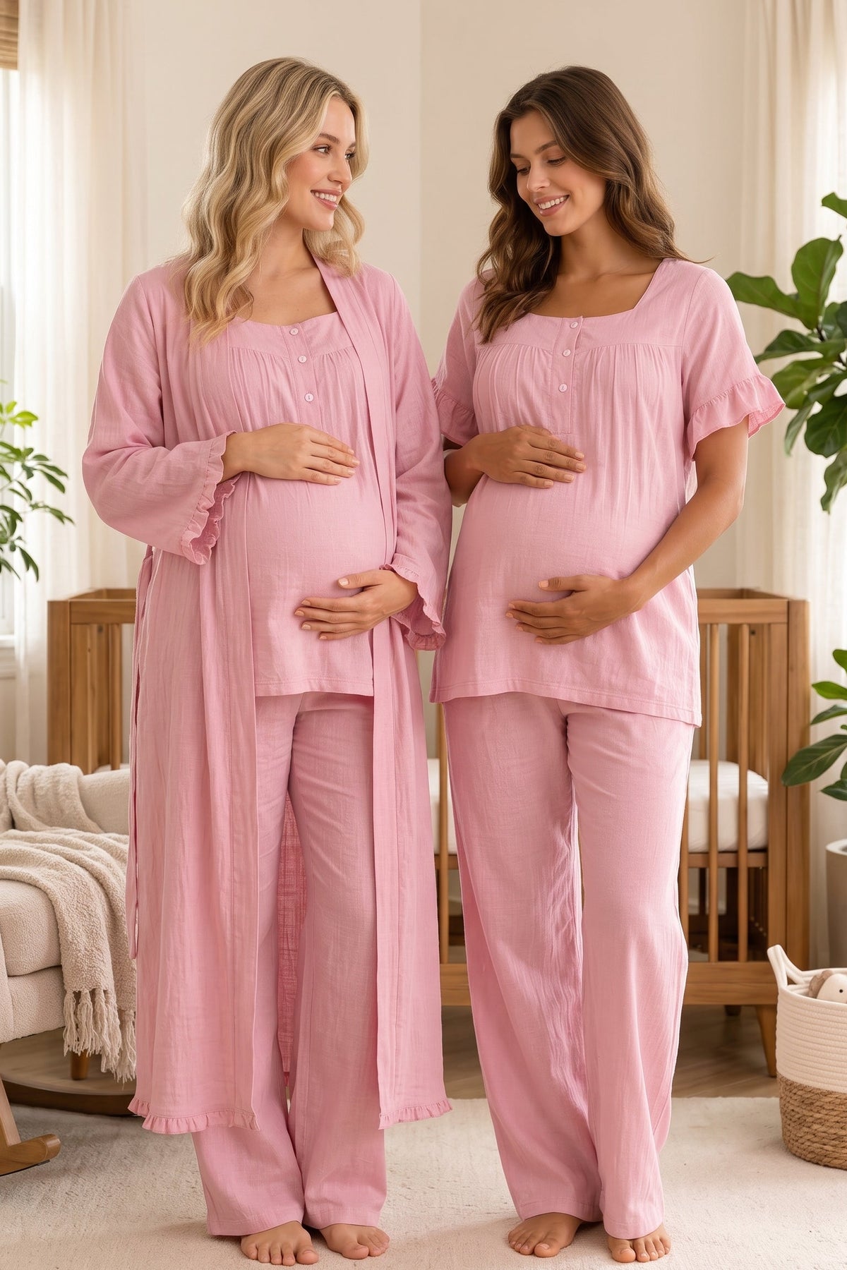 Ruffle-Sleeve Muslin 3-Piece Maternity Feeding-Friendly Pajama & Robe Set Pink - T3084