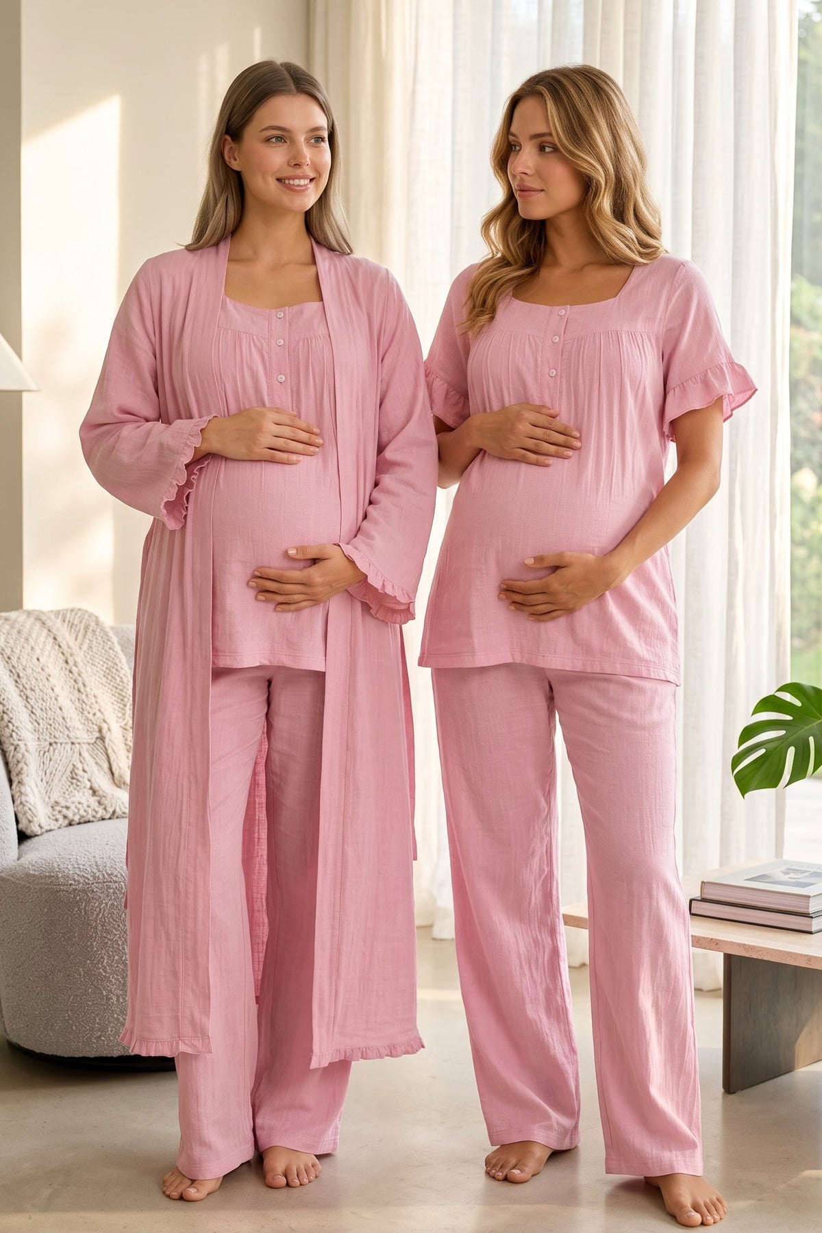 Ruffle-Sleeve Muslin 3-Piece Maternity Feeding-Friendly Pajama & Robe Set Pink - T3084