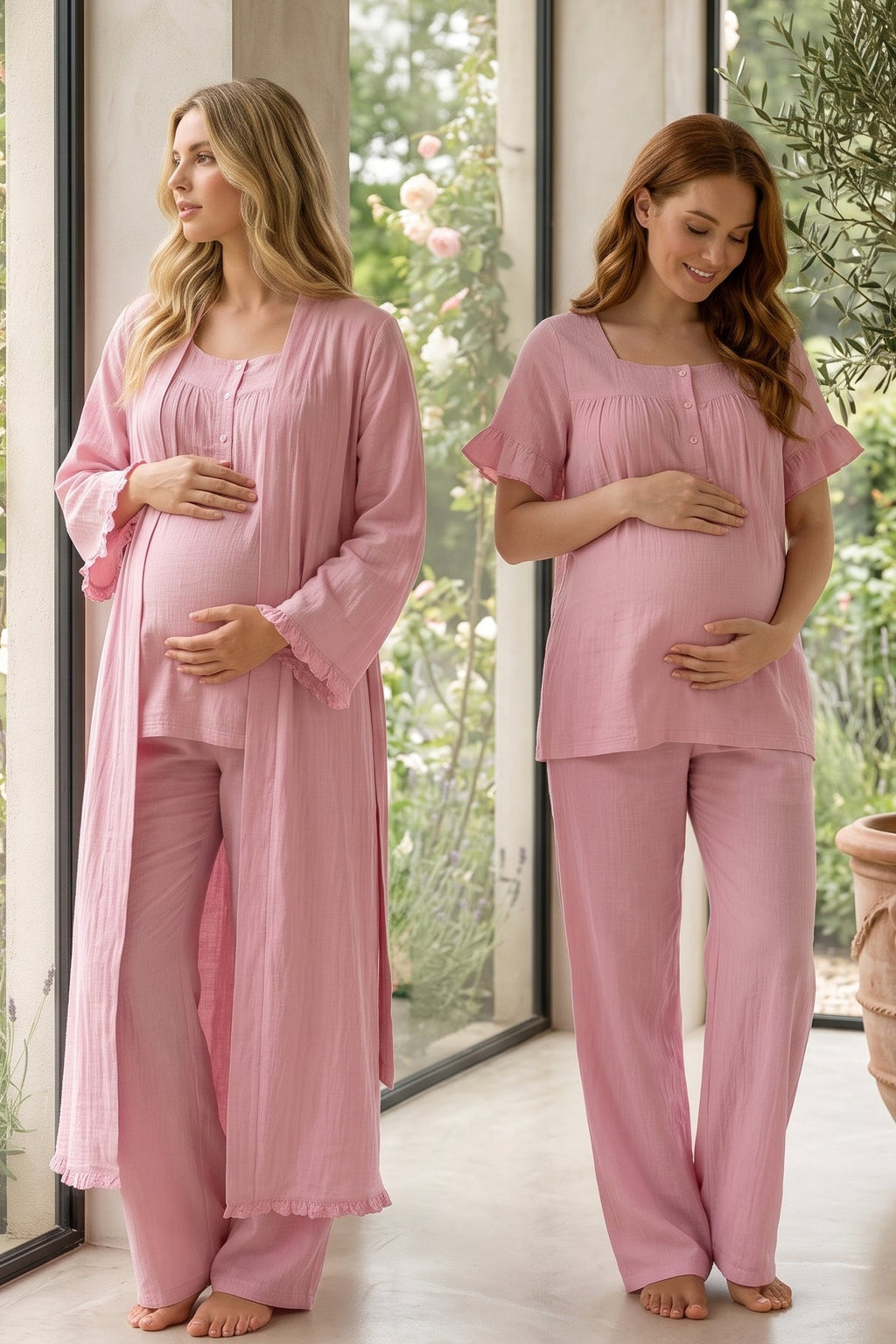 Ruffle-Sleeve Muslin 3-Piece Maternity Feeding-Friendly Pajama & Robe Set Pink - T3084