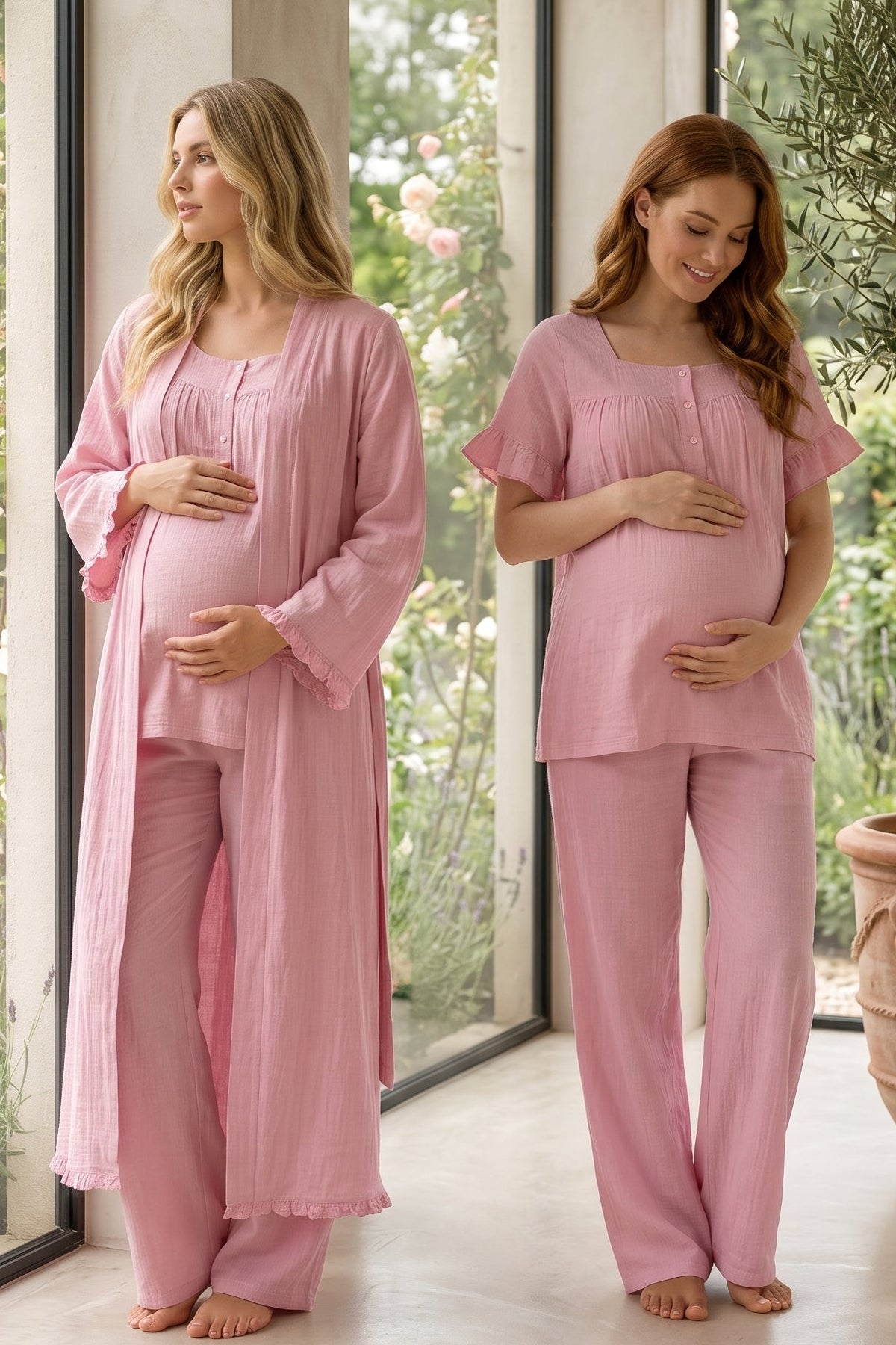 Ruffle-Sleeve Muslin 3-Piece Maternity Feeding-Friendly Pajama & Robe Set Pink - T3084