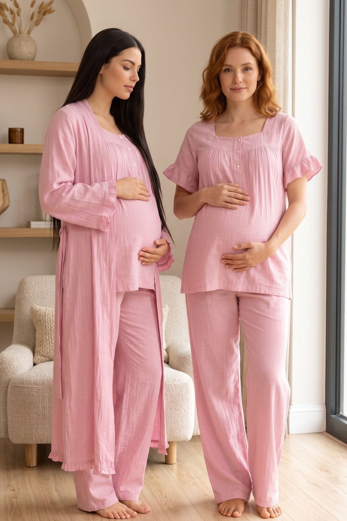Ruffle-Sleeve Muslin 3-Piece Maternity Feeding-Friendly Pajama & Robe Set Pink - T3084