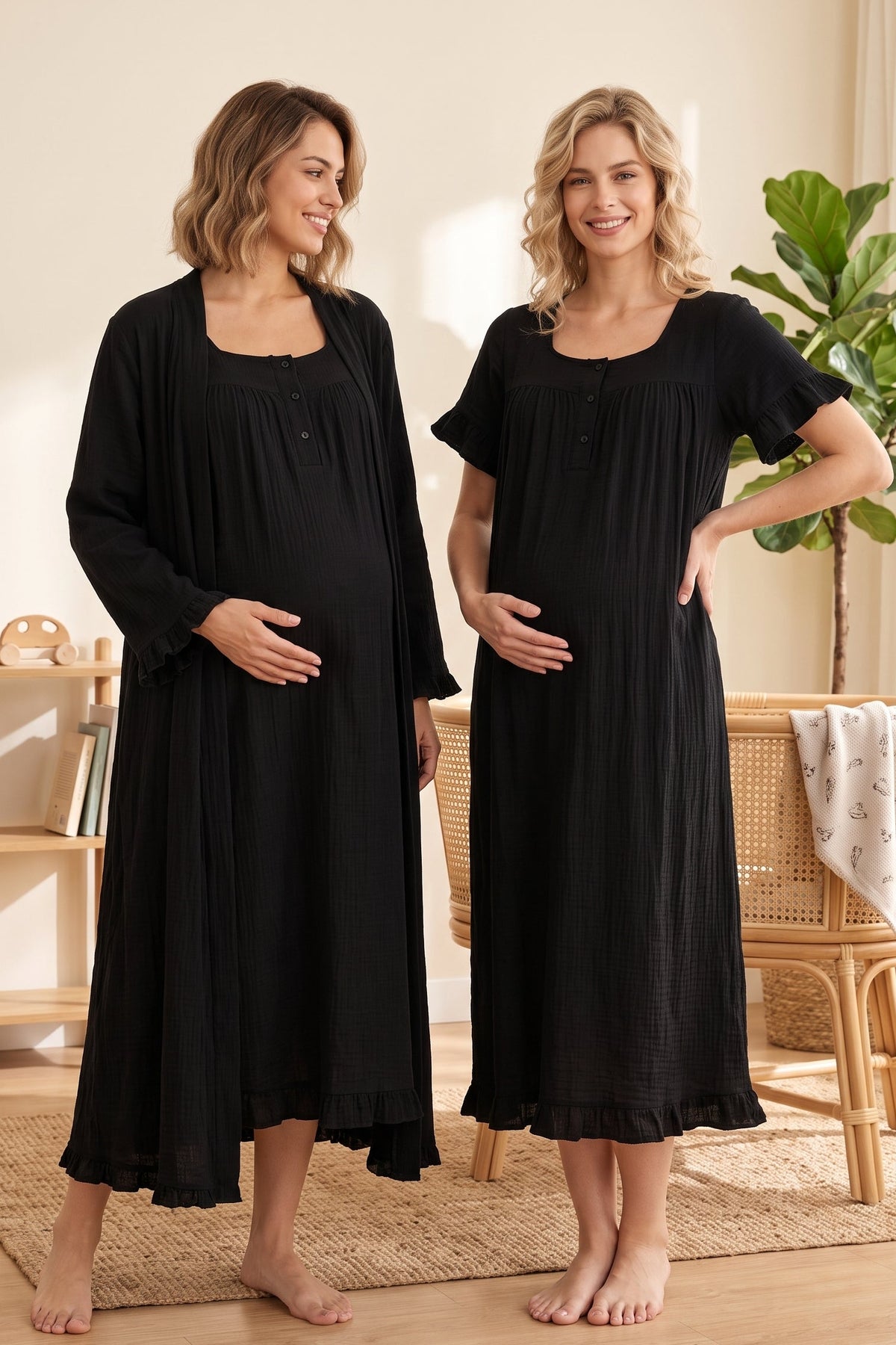Ruffle-Sleeve Muslin Maternity Feeding-Friendly Nightgown & Robe Set Black - T3085