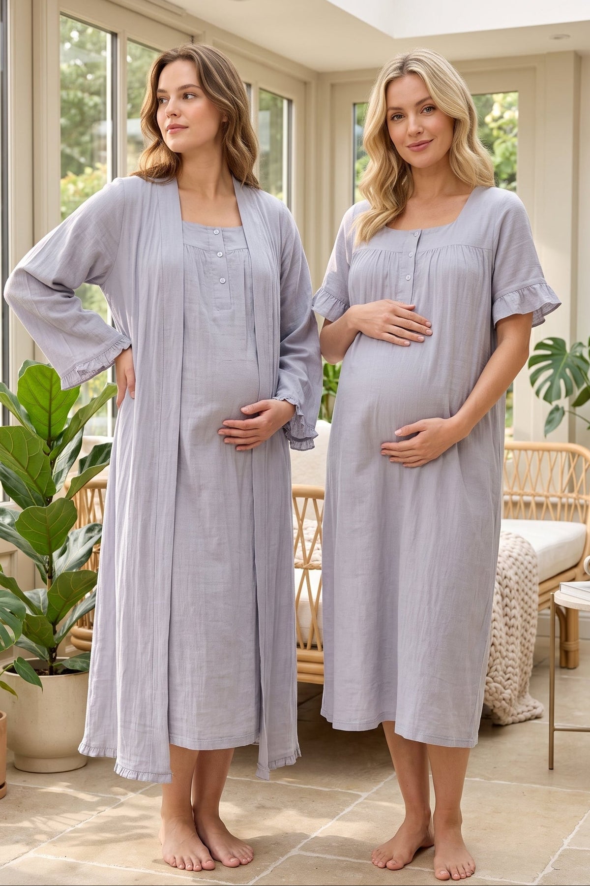 Ruffle-Sleeve Muslin Maternity Feeding-Friendly Nightgown & Robe Set Grey - T3085