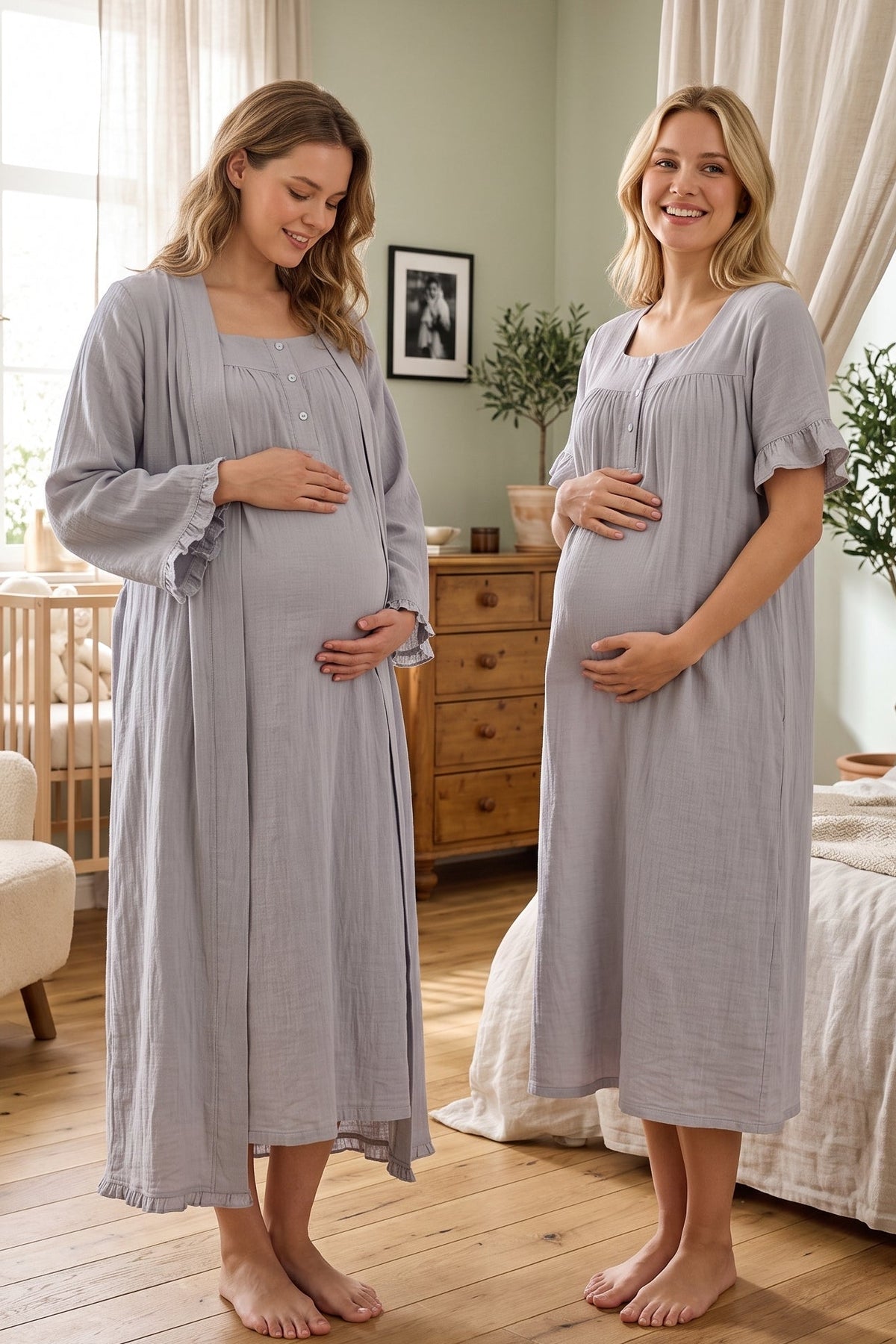 Ruffle-Sleeve Muslin Maternity Feeding-Friendly Nightgown & Robe Set Grey - T3085