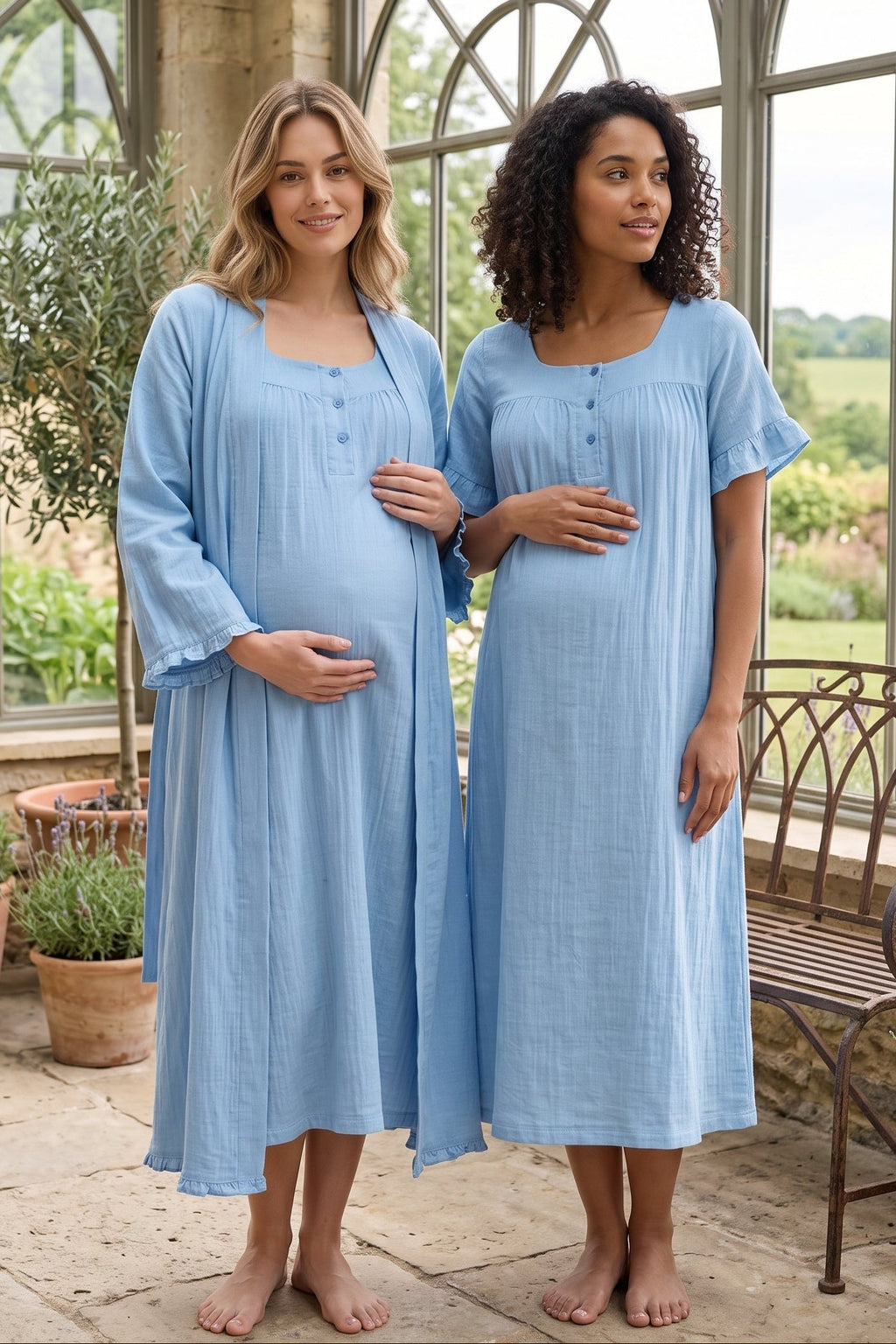Ruffle-Sleeve Muslin Maternity Feeding-Friendly Nightgown & Robe Set Indigo - T3085