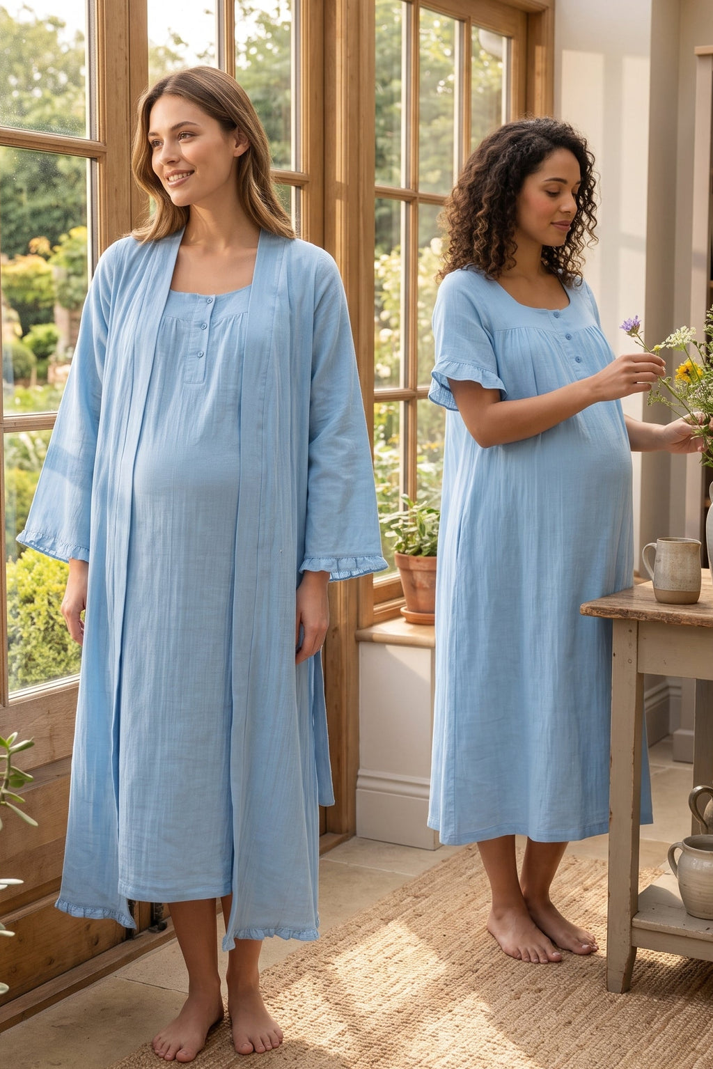Ruffle-Sleeve Muslin Maternity Feeding-Friendly Nightgown & Robe Set Indigo - T3085