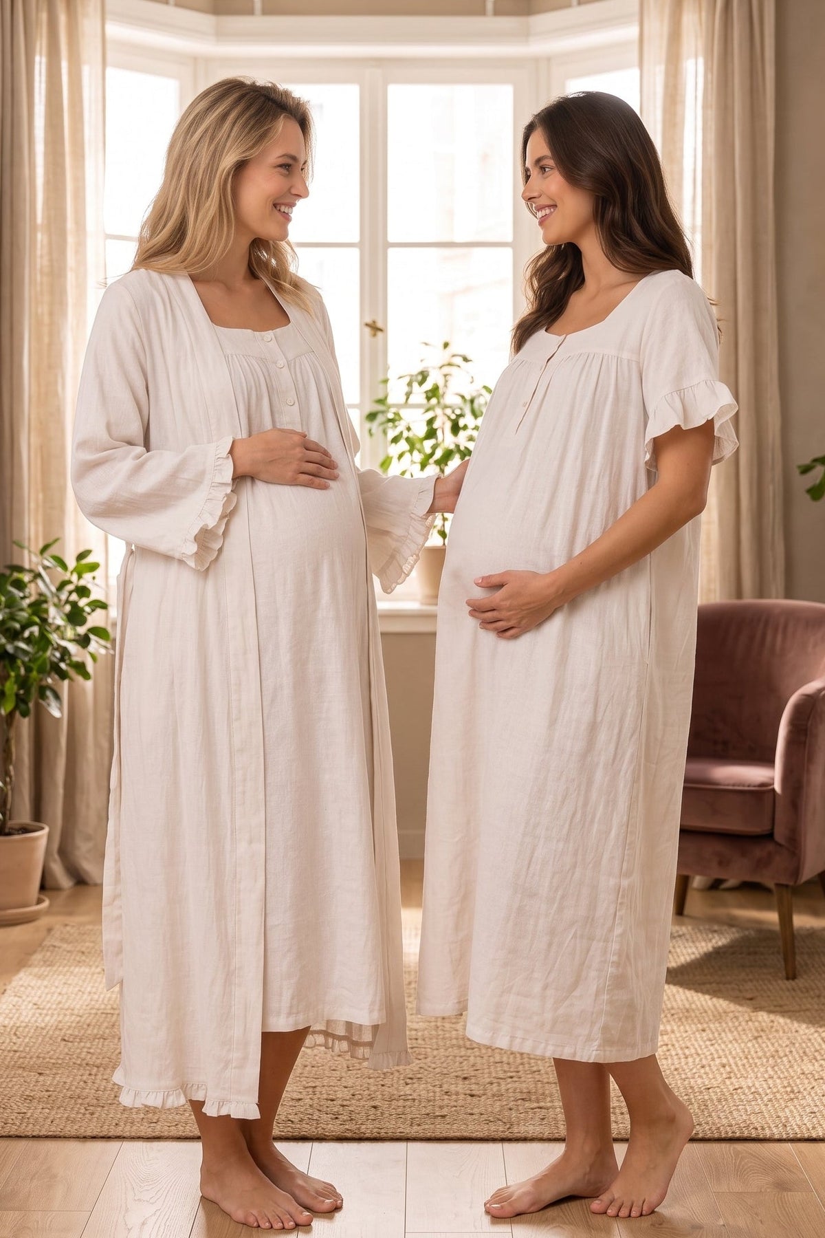 Ruffle-Sleeve Muslin Maternity Feeding-Friendly Nightgown & Robe Set Light Beige - T3085