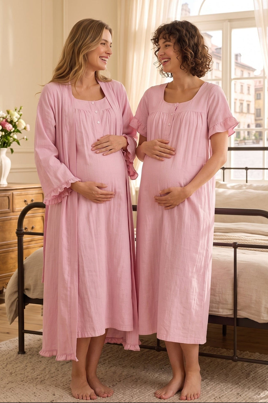Ruffle-Sleeve Muslin Maternity Feeding-Friendly Nightgown & Robe Set Pink - T3085