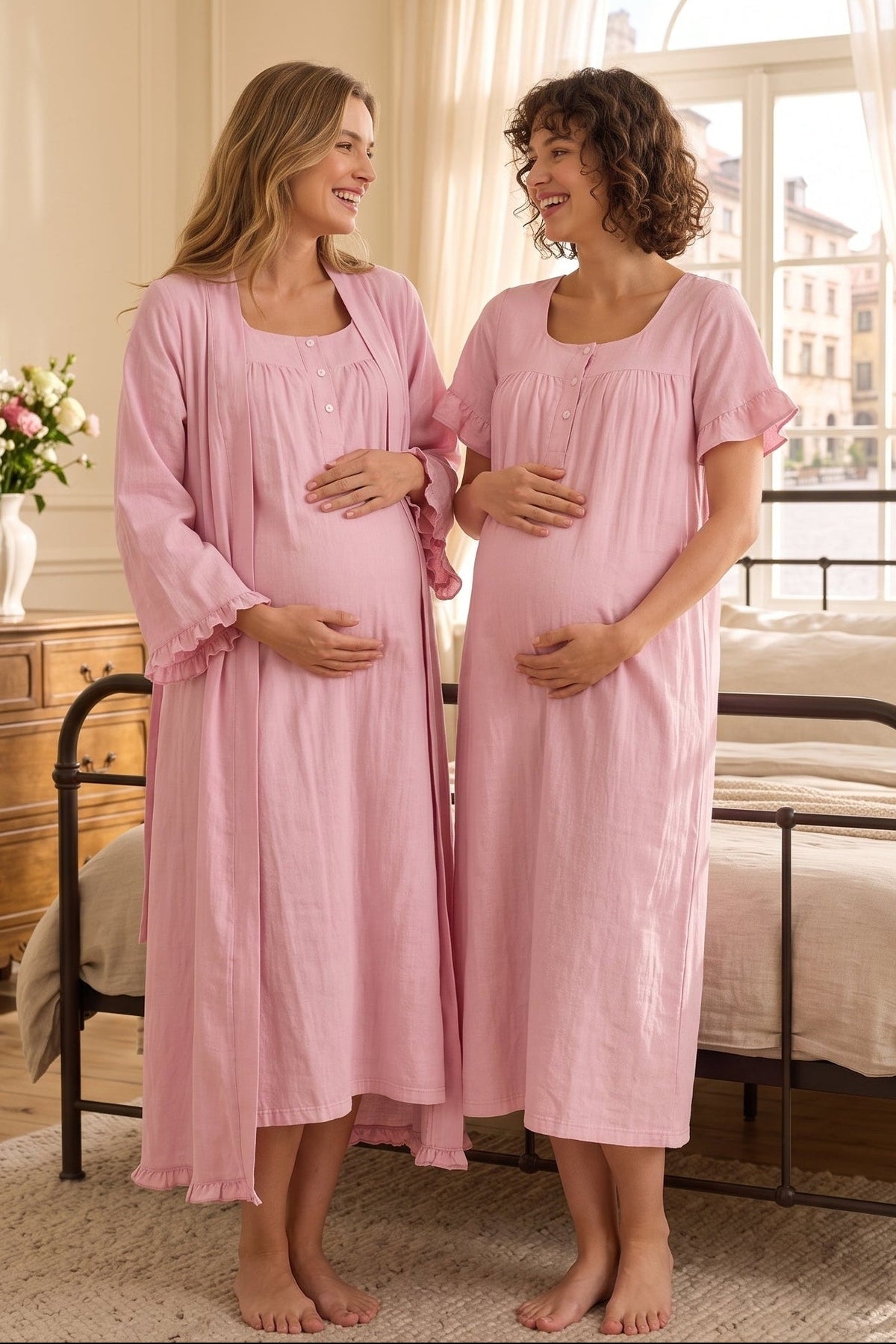 Ruffle-Sleeve Muslin Maternity Feeding-Friendly Nightgown & Robe Set Pink - T3085