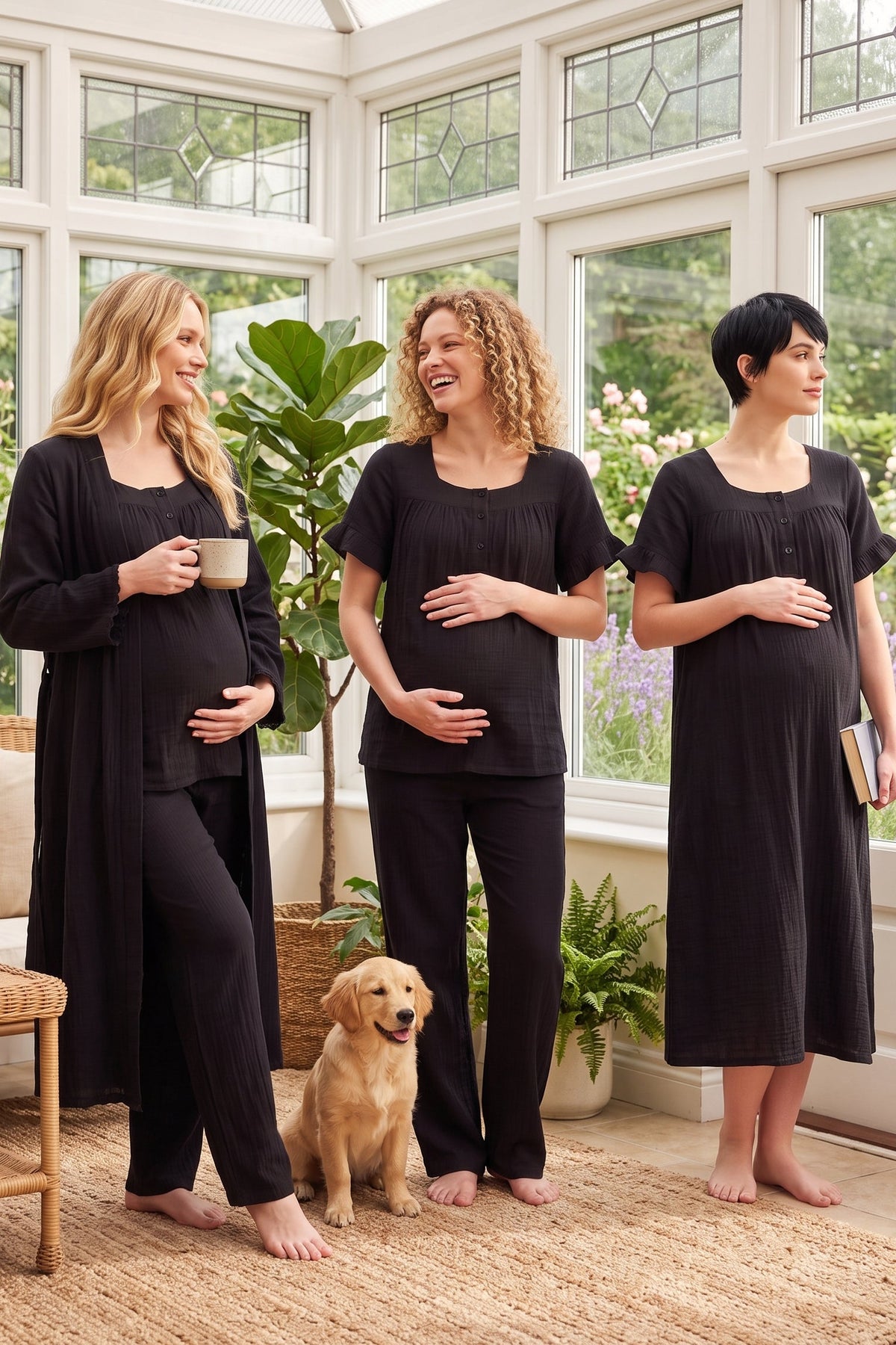 Ruffle-Sleeve Muslin 4-Piece Maternity Feeding-Friendly Set Black - T3086