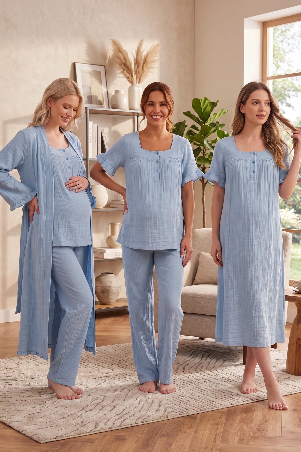 Ruffle-Sleeve Muslin 4-Piece Maternity Feeding-Friendly Set Indigo - T3086