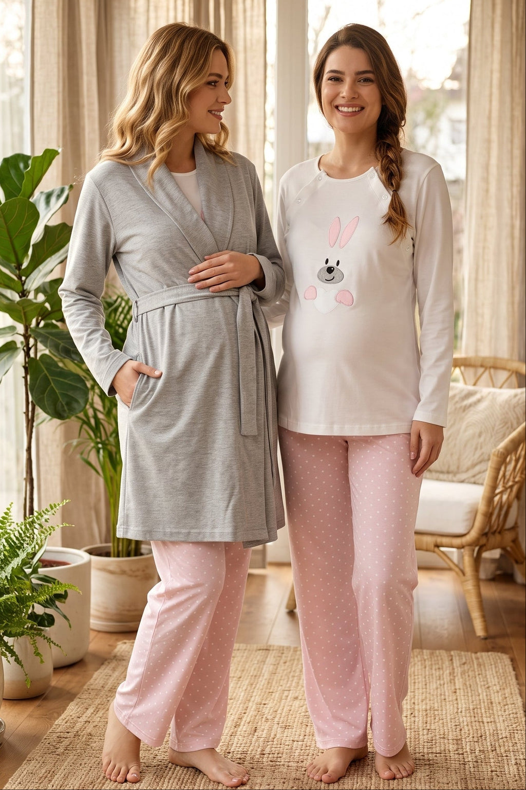 Heart Sweety Rabbit 3-Piece Maternity Feeding-Friendly Pajama & Robe Set Pink - T3090