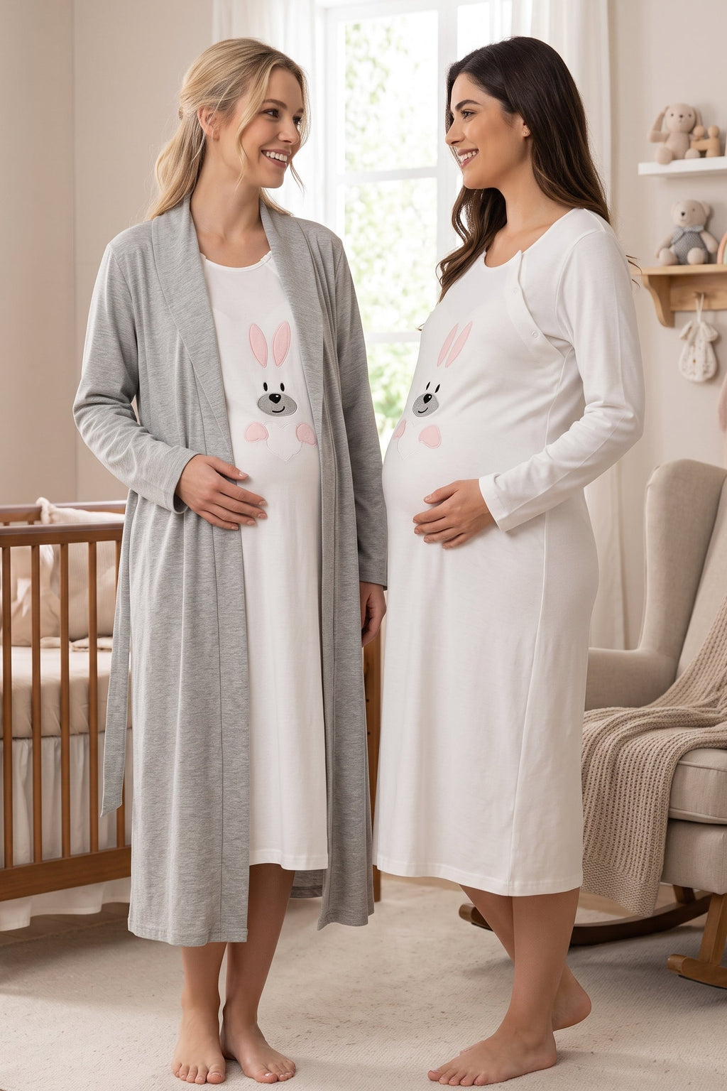 Heart Sweety Rabbit 2-Piece Maternity Feeding-Friendly Nightgown & Robe Set Pink - T3092