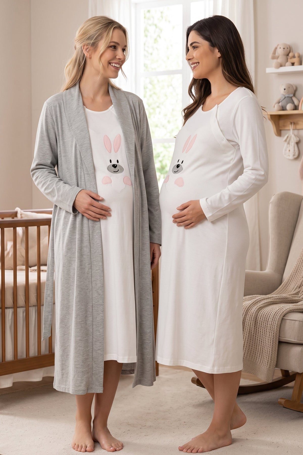 Heart Sweety Rabbit 2-Piece Maternity Feeding-Friendly Nightgown & Robe Set Pink - T3092