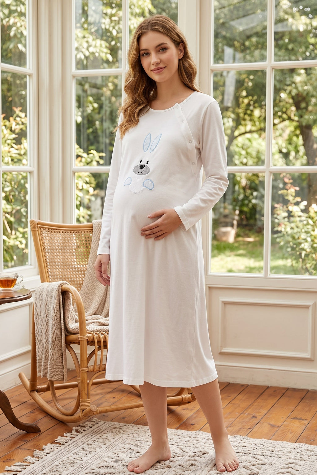 Heart Sweety Rabbit Maternity Feeding-Friendly Nightgown Blue - T3093