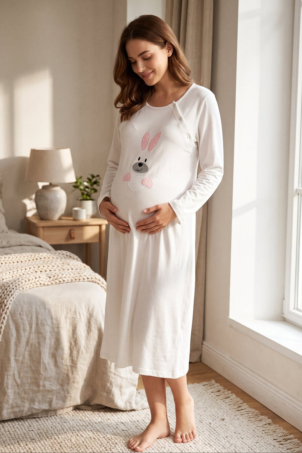 Heart Sweety Rabbit Maternity Feeding-Friendly Nightgown Pink - T3093
