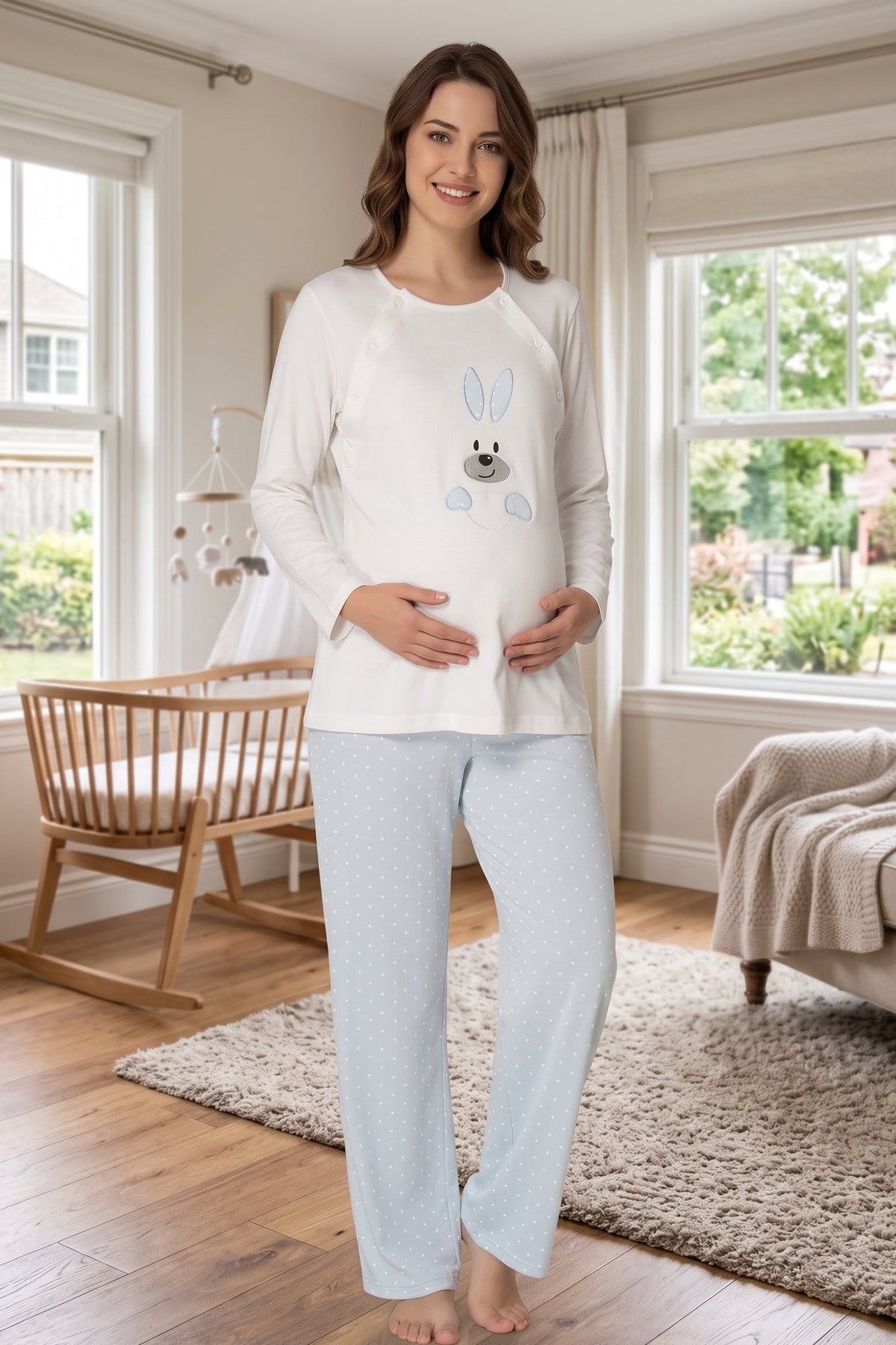 Heart Sweety Rabbit Maternity Feeding-Friendly Pajama Set Blue - T3094