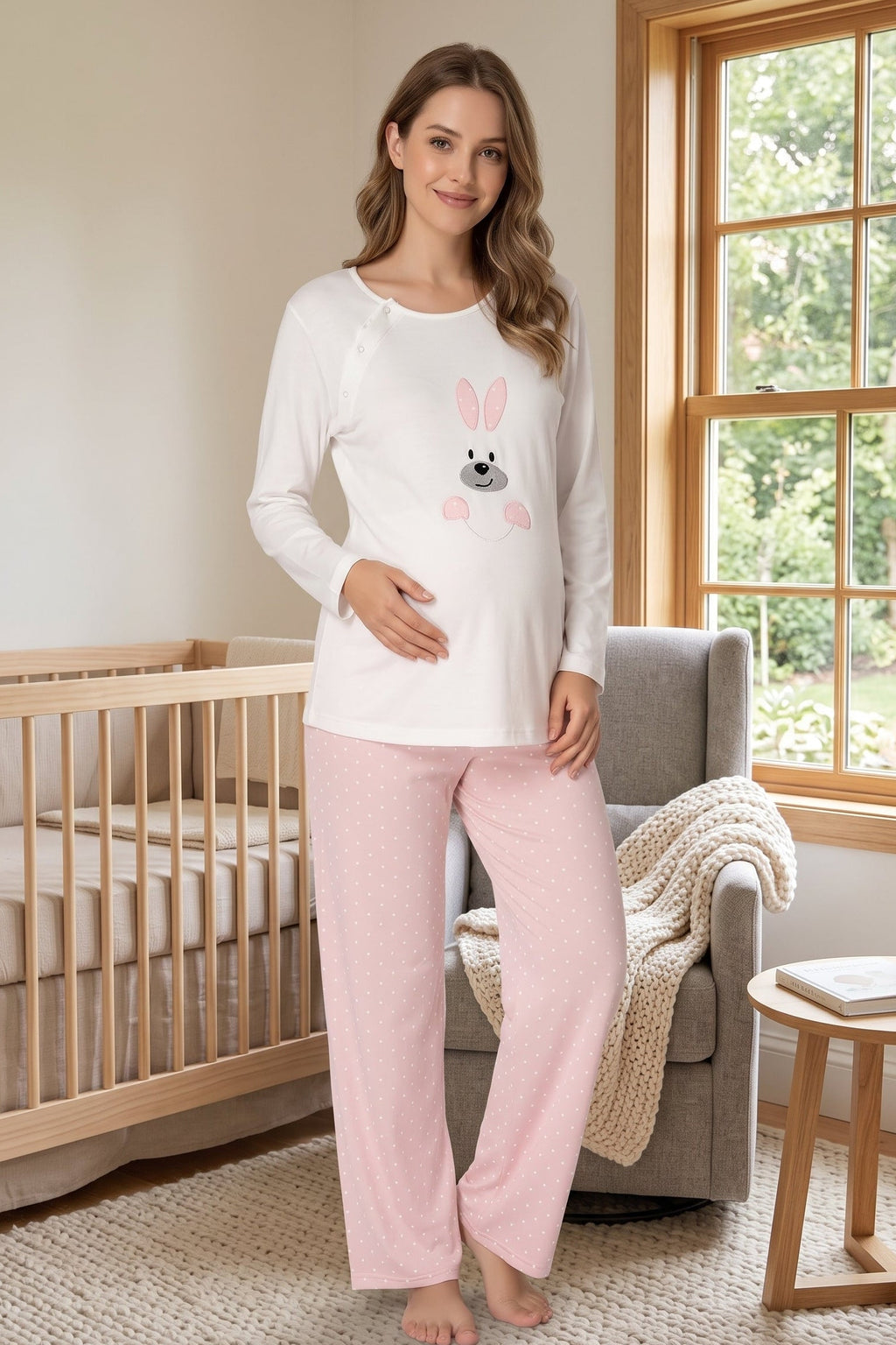 Heart Sweety Rabbit Maternity Feeding-Friendly Pajama Set Pink - T3094