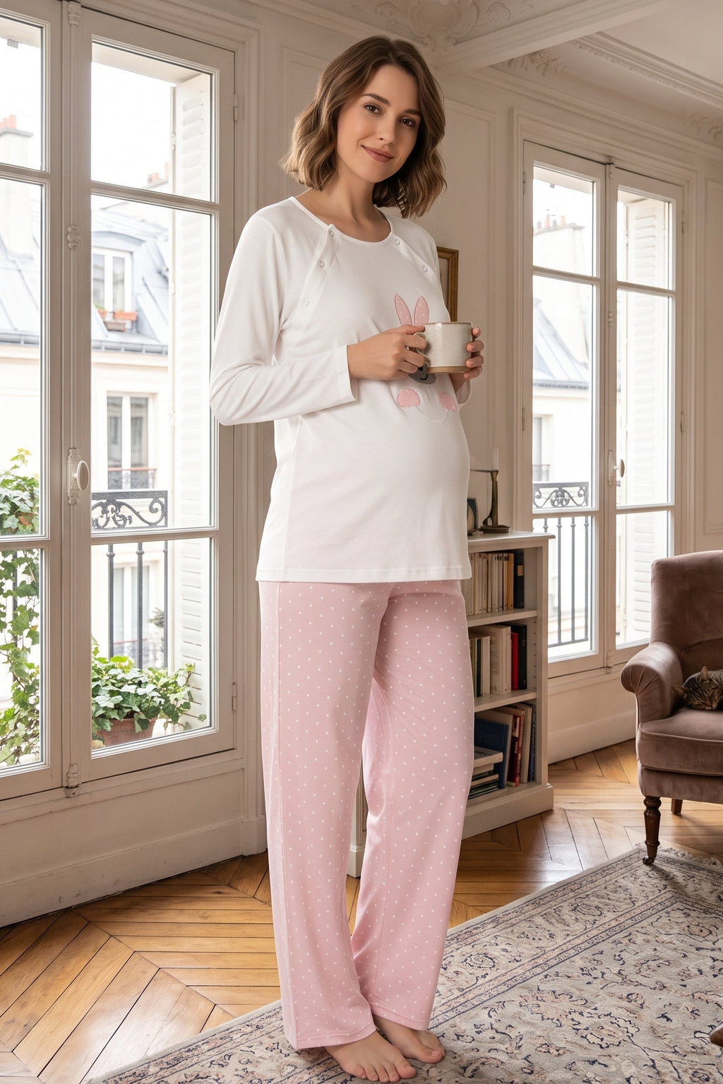Heart Sweety Rabbit Maternity Feeding-Friendly Pajama Set Pink - T3094
