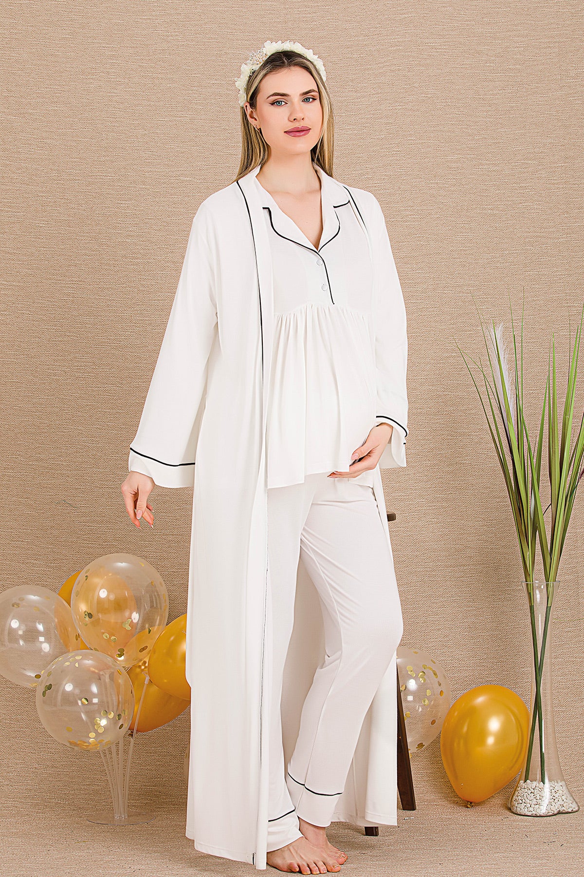 Bias 3-Piece Maternity Feeding-Friendly Pajama & Robe Set Ecru - Y33001