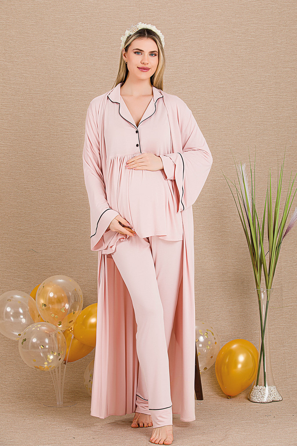 Bias 3-Piece Maternity Feeding-Friendly Pajama & Robe Set Pink - Y33001