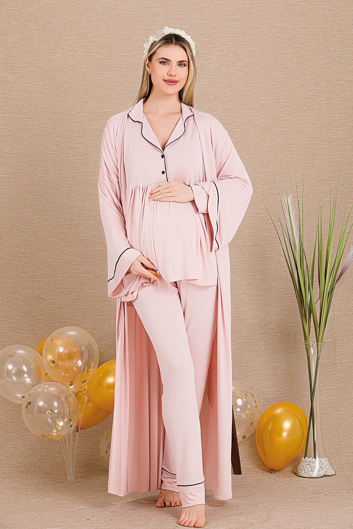 Bias 3-Piece Maternity Feeding-Friendly Pajama & Robe Set Pink - Y33001