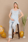 Special Lace Embroidery Maternity Feeding-Friendly Pajama Set Blue - Y33200