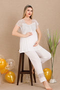 Special Lace Embroidery Maternity Feeding-Friendly Pajama Set Ecru - Y33200