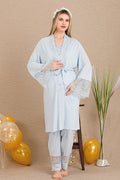 Special Lace Embroidery 3-Piece Maternity Feeding-Friendly Pajama & Robe Set Blue - Y33002