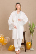 Special Lace Embroidery 3-Piece Maternity Feeding-Friendly Pajama & Robe Set Ecru - Y33002