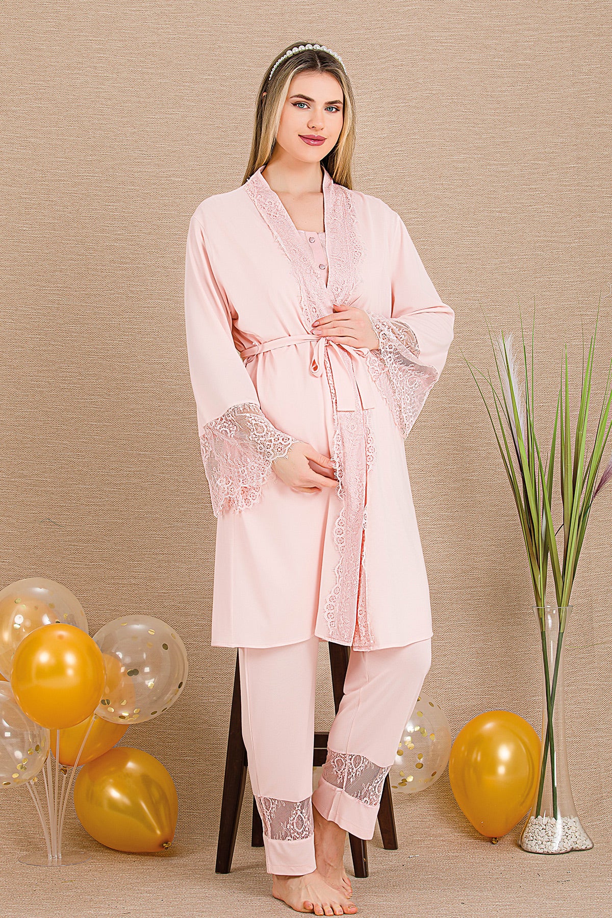 Special Lace Embroidery 3-Piece Maternity Feeding-Friendly Pajama & Robe Set Pink - Y33002