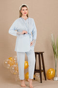 Lace Collar 3-Piece Maternity Feeding-Friendly Pajama & Lace Sleeve Robe Set Blue - Y33003
