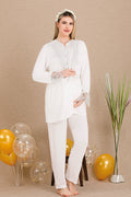 Lace Collar 3-Piece Maternity Feeding-Friendly Pajama & Lace Sleeve Robe Set Ecru - Y33003
