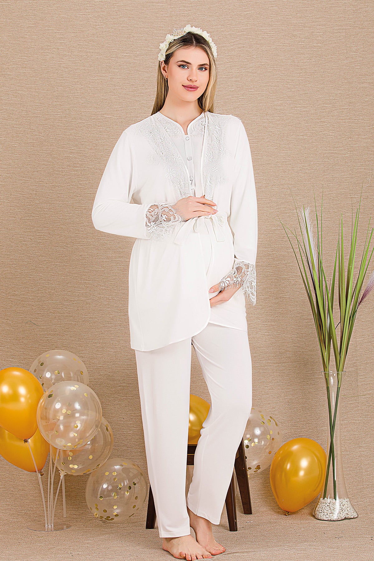 Lace Collar 3-Piece Maternity Feeding-Friendly Pajama & Lace Sleeve Robe Set Ecru - Y33003