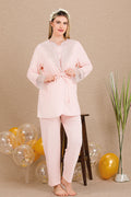 Lace Collar 3-Piece Maternity Feeding-Friendly Pajama & Lace Sleeve Robe Set Pink - Y33003