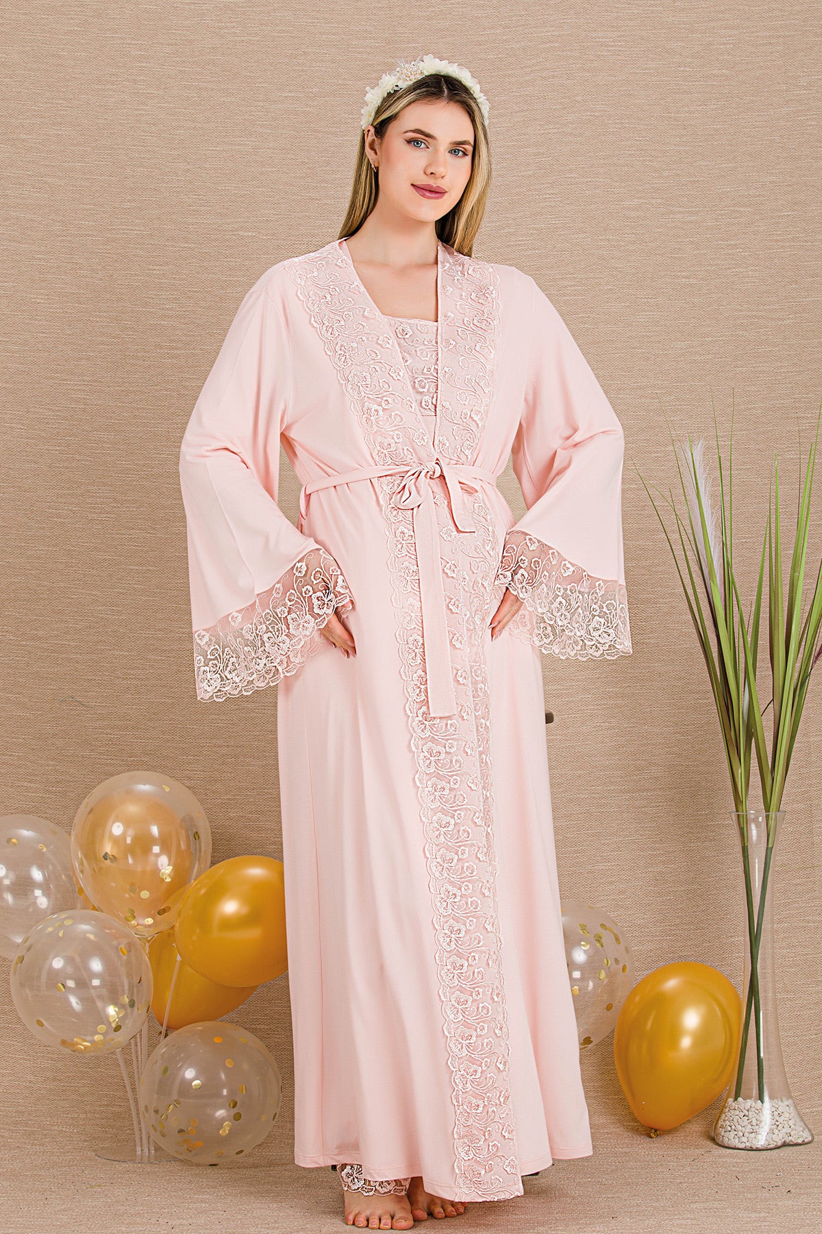 Elegant Lace Embroidered 3-Piece Maternity Feeding-Friendly Pajama & Robe Set Pink - Y33004